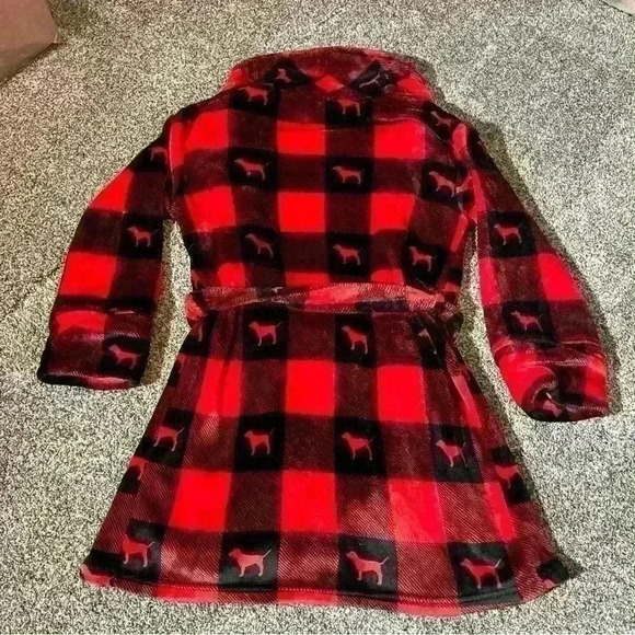 Victoria’s Secret Pink Buffalo Plaid Dog Logo Plush Bath Robe Black Red Sz XS/S - Picture 8 of 8